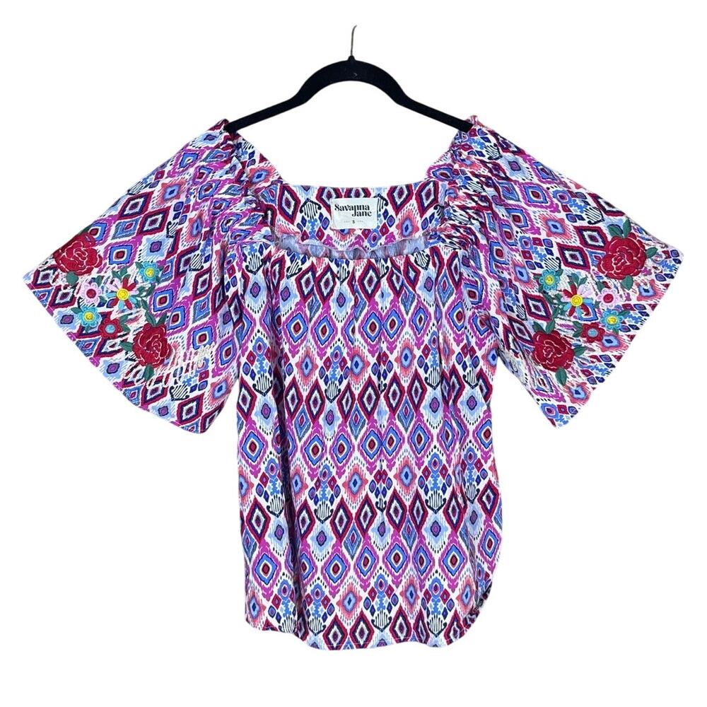 Savanna Jane Short Sleeve Top Diamond Print Embroidered Square Neck Size Small